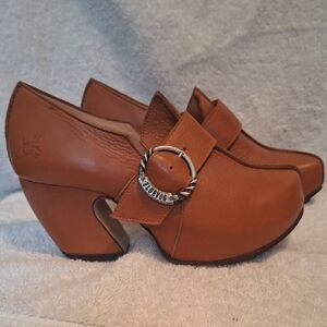 Leather Buckle Clog Heels in Cognac Brown
